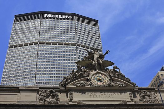 NEW YORK - MAY 16: Corinthian style sculpture on Grand Central Terminal on May 16 2013 in New York City. Grand Central Terminal is the busiest train station in the United States.