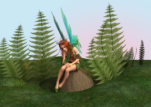 3D digital render of a beautiful thoughtful fairy sitting on the stone in the green fantasy woodland