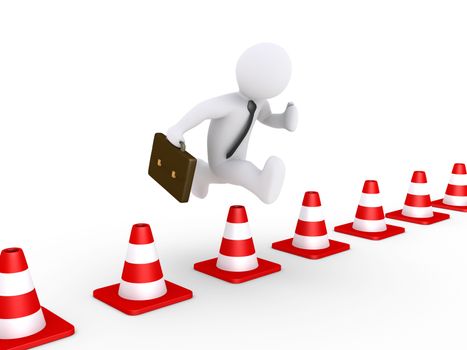 3d businessman is jumping over traffic cones