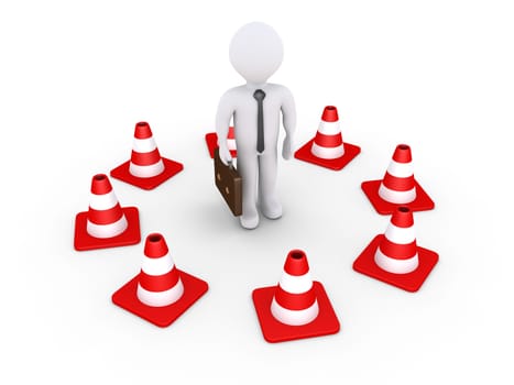 3d businessman is surrounded by traffic cones