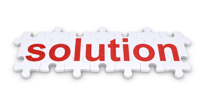 Puzzle pieces connected to form a "solution" word