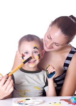 Sister and brother paint colors, smeared with watercolors