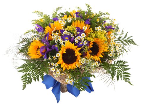 Flower Arrangement of sunflowers, daisies, ferns and goldenrod. Floral composition