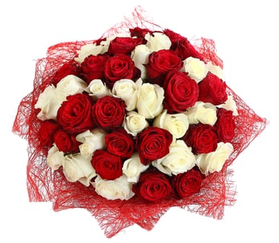 Floral compositions of red and white roses. A large bouquet of mixed colored roses. Design a bouquet of different color roses. The isolated image on a white background. Multicolor rose, floristic arrangement.