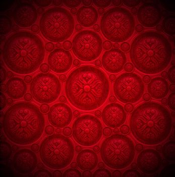 Closeup detail of aged red velvet texture background with classic ornament