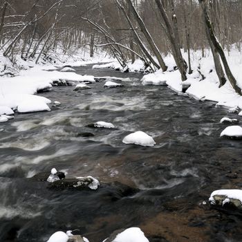 Winter river. Ice at water stream