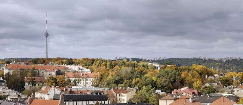 Panoramic view, Vilnius old town . Television tower. Autumn hills at a Vilnius 