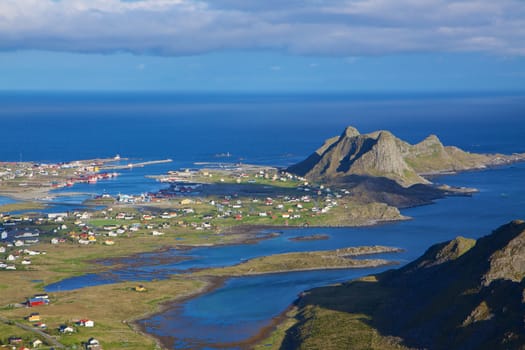 Aerial view of picturesque fishing port on Lofoten islands in Norway
