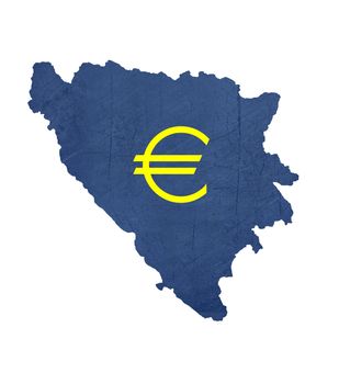 European currency symbol on map of Bosnia and Herzegovina isolated on white background.