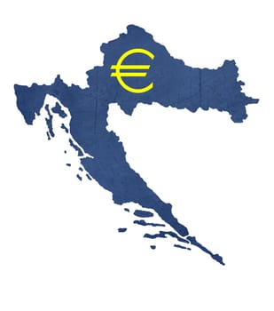 European currency symbol on map of Croatia isolated on white background.