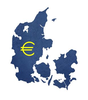 European currency symbol on map of Denmark isolated on white background.