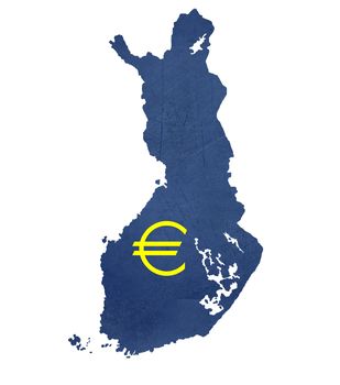 European currency symbol on map of Finland isolated on white background.