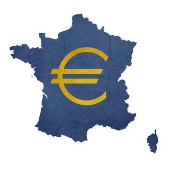 European currency symbol on map of France isolated on white background.