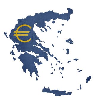 European currency symbol on map of Greece isolated on white background.