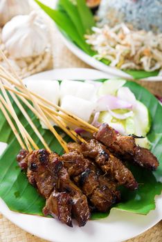 Satay or sate, skewered and grilled meat, served with peanut sauce, cucumber and ketupat. Traditional Malay food. Delicious hot and spicy Malaysian dish, Asian cuisine.