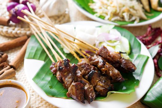 Satay or sate, skewered and grilled meat, served with peanut sauce, cucumber and ketupat, Malaysia or Indonesia food. Traditional Malay food. Hot and spicy Malaysian dish, Asian cuisine.