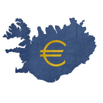 European currency symbol on map of Iceland isolated on white background.