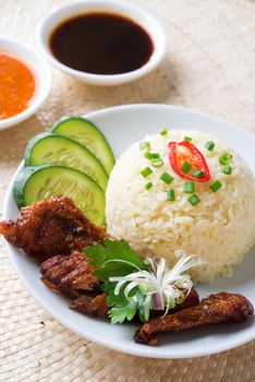 Singapore Hainan chicken rice close-up. Asian food.