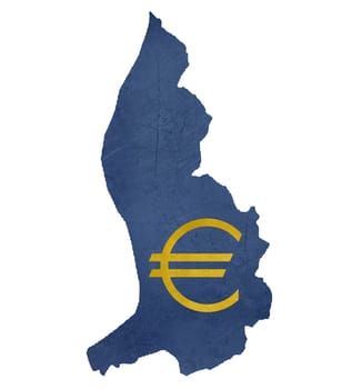 European currency symbol on map of Liechtenstein isolated on white background.