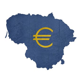 European currency symbol on map of Lithuania isolated on white background.