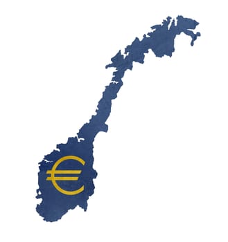 European currency symbol on map of Norway isolated on white background.