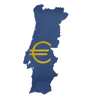 European currency symbol on map of Portugal isolated on white background.