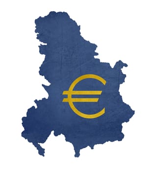 European currency symbol on map of Serbia and Montenegro isolated on white background.