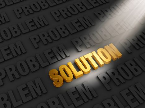 A spotlight illuminates bright, gold "SOLUTION" on a dark background of "PROBLEM"s