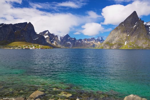 Scenic fjord on Lofoten islands in Norway during sunny summer day