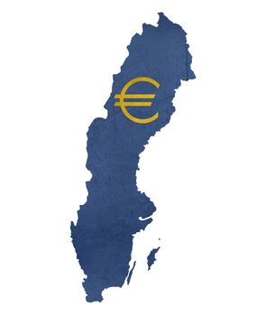 European currency symbol on map of Sweden isolated on white background.