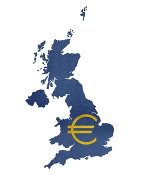 European currency symbol on map of United Kingdom isolated on white background.