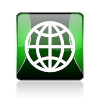 black and green square glossy internet icon on white background with reflaction