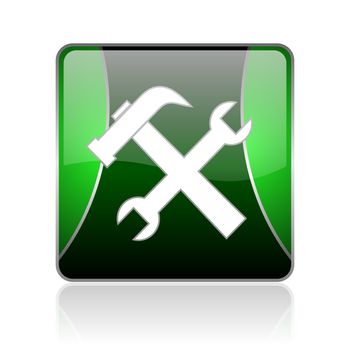 black and green square glossy internet icon on white background with reflaction