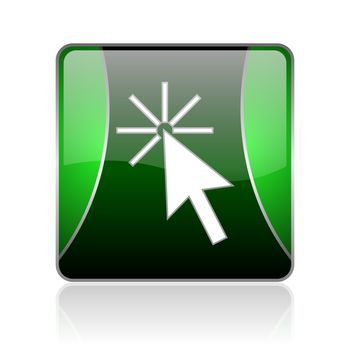 black and green square glossy internet icon on white background with reflaction