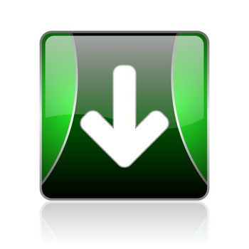 black and green square glossy internet icon on white background with reflaction