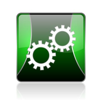 black and green square glossy internet icon on white background with reflaction
