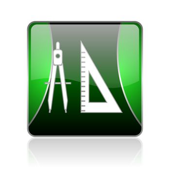 black and green square glossy internet icon on white background with reflaction