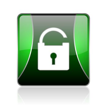 black and green square glossy internet icon on white background with reflaction