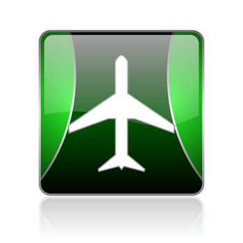 black and green square glossy internet icon on white background with reflaction