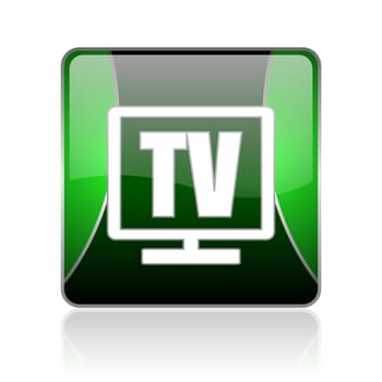 black and green square glossy internet icon on white background with reflaction