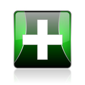 black and green square glossy internet icon on white background with reflaction