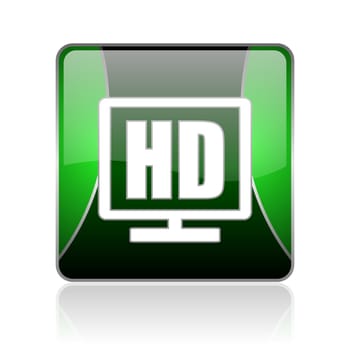 black and green square glossy internet icon on white background with reflaction