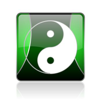 black and green square glossy internet icon on white background with reflaction
