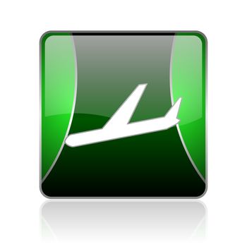 black and green square glossy internet icon on white background with reflaction