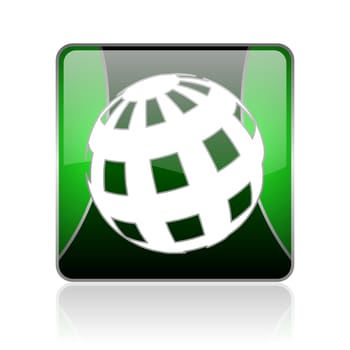black and green square glossy internet icon on white background with reflaction