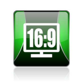 black and green square glossy internet icon on white background with reflaction