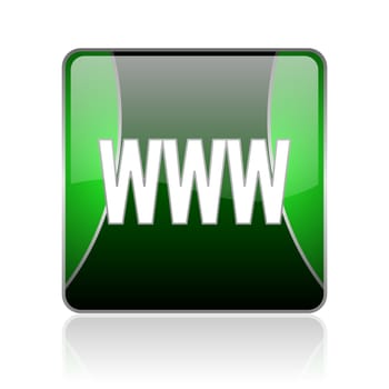 black and green square glossy internet icon on white background with reflaction