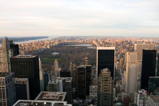 Horizontal aerial view of central park during the fall or winter months.