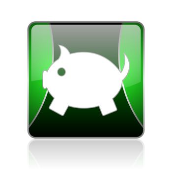 black and green square glossy internet icon on white background with reflaction