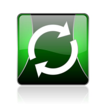 black and green square glossy internet icon on white background with reflaction